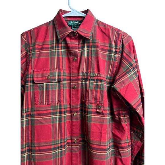 Lauren Ralph Lauren Red Olive Plaid Long Sleeve Button Front Small - Picture 4 of 11